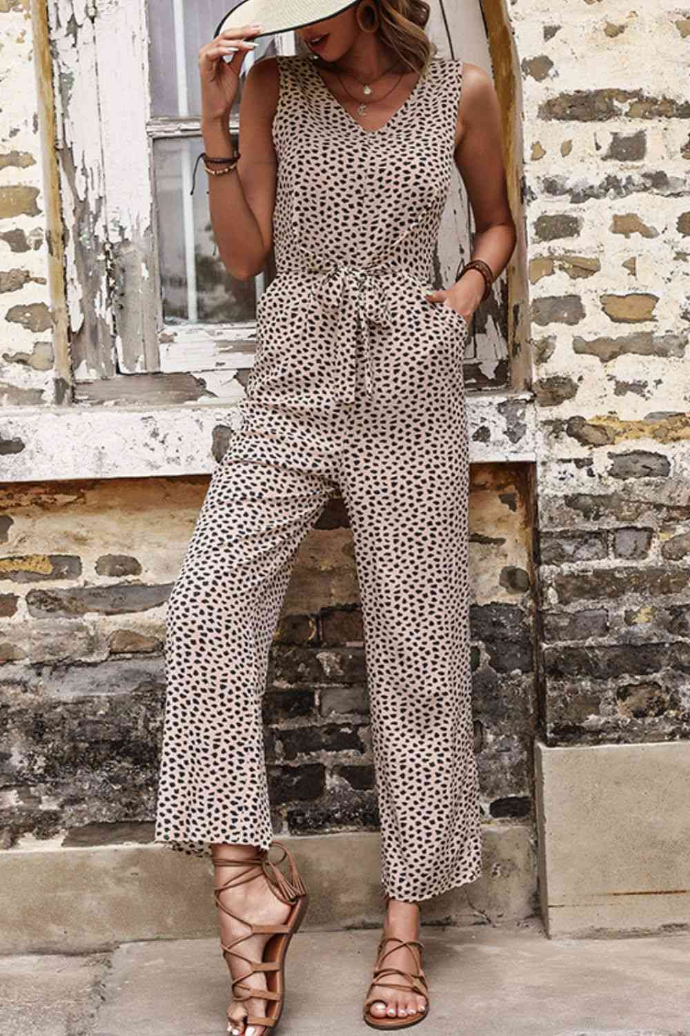 Printed Tie Front Sleeveless Jumpsuit - TRENDMELO