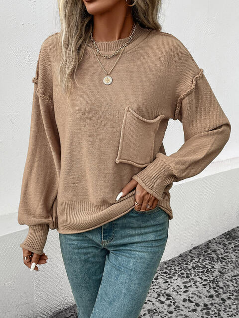 Exposed Seam Round Neck Sweater - TRENDMELO