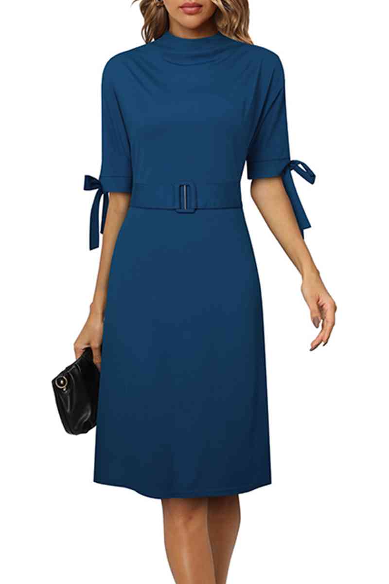 Round Neck Tie Sleeve Half Sleeve Dress - TRENDMELO