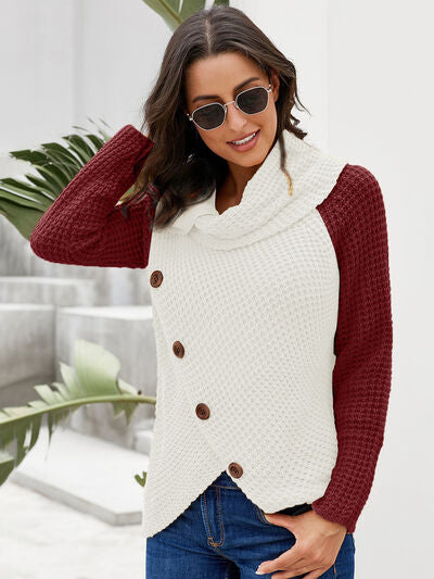 Contrast Decorative Button Turtleneck Sweater - TRENDMELO