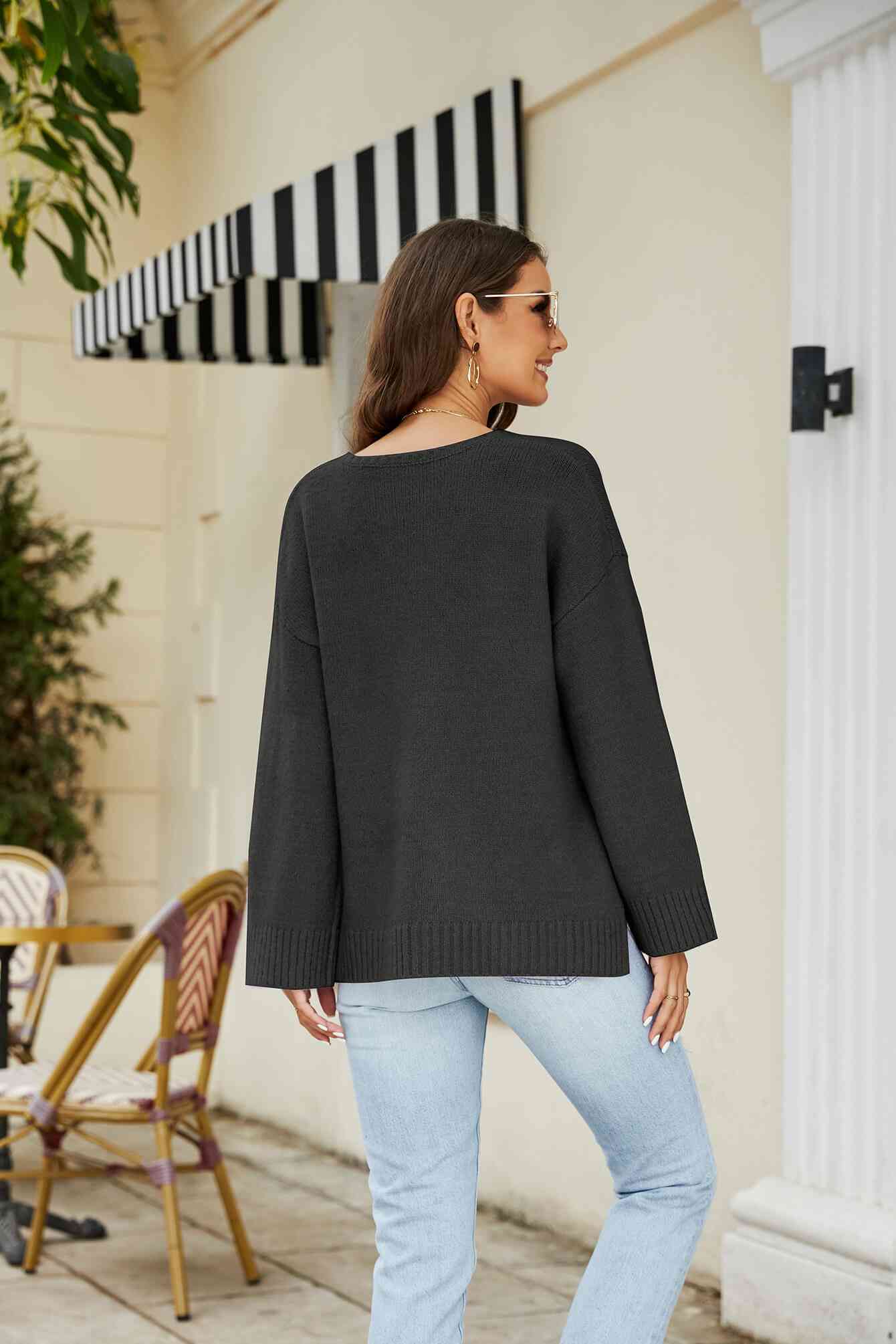 Drop Shoulder V-Neck Knit Pullover - TRENDMELO