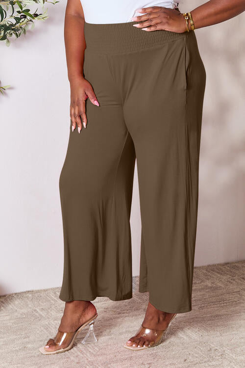 Double Take Full Size Smocked Wide Waistband Wide Leg Pants - TRENDMELO