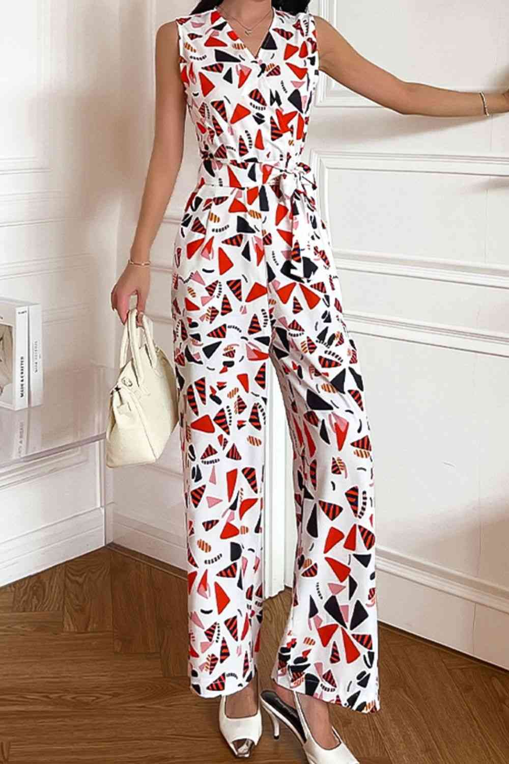 Printed Surplice Neck Sleeveless Jumpsuit - TRENDMELO