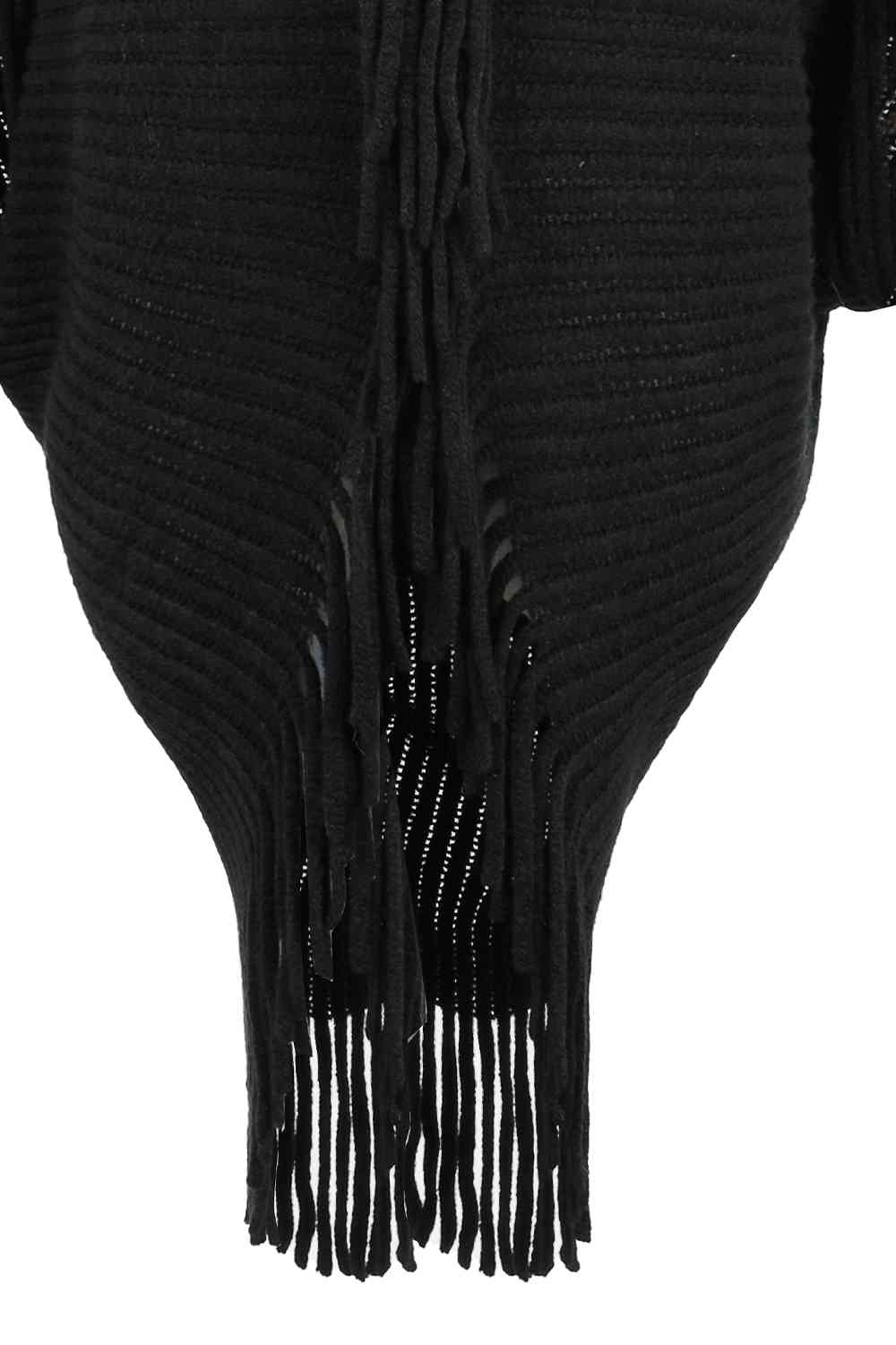 Fringe Detail Long Sleeve Ribbed Poncho - TRENDMELO