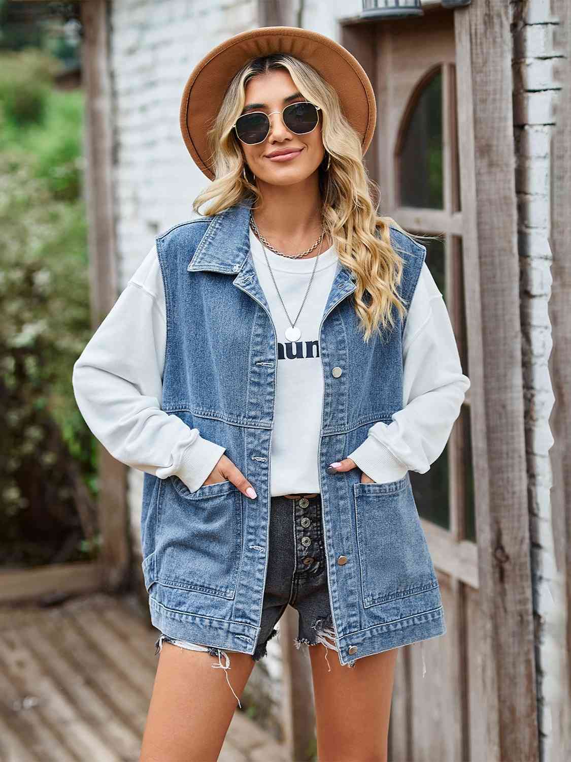 Button Front Sleeveless Denim Jacket - TRENDMELO