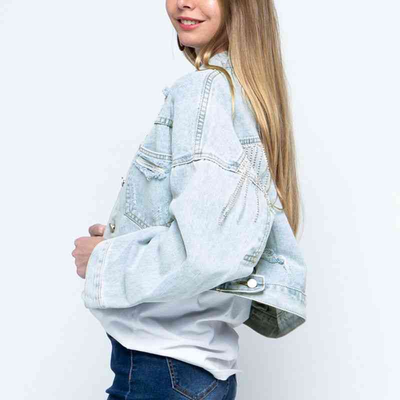 Cropped Collared Neck Dropped Shoulder Denim Jacket - TRENDMELO