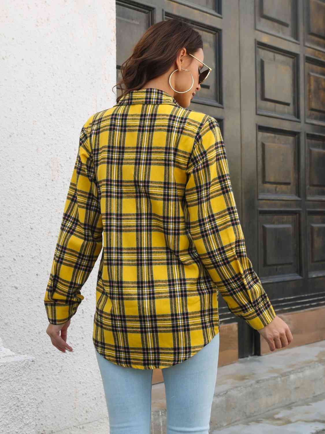 Plaid Collared Neck Buttoned Shirt with Pockets - TRENDMELO