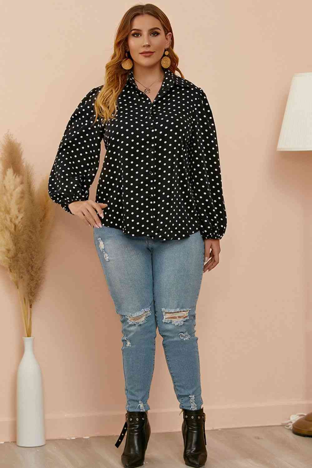 Plus Size Polka Dot Balloon Sleeve Shirt - TRENDMELO