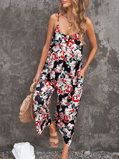 Printed Spaghetti Strap Jumpsuit with Pockets - TRENDMELO