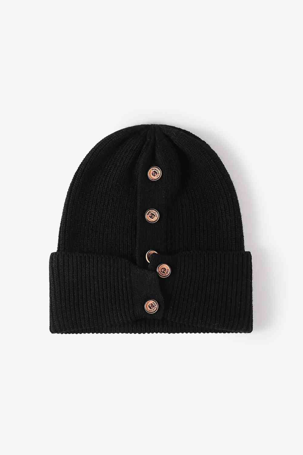 Button Detail Rib-Knit Cuff Beanie - TRENDMELO