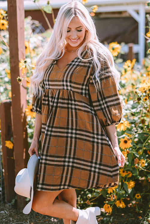 Plaid V-Neck Balloon Sleeve Dress - TRENDMELO