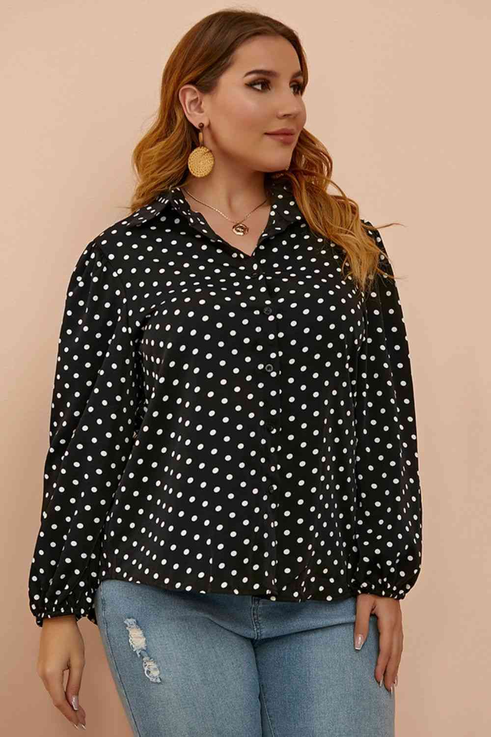 Plus Size Polka Dot Balloon Sleeve Shirt - TRENDMELO