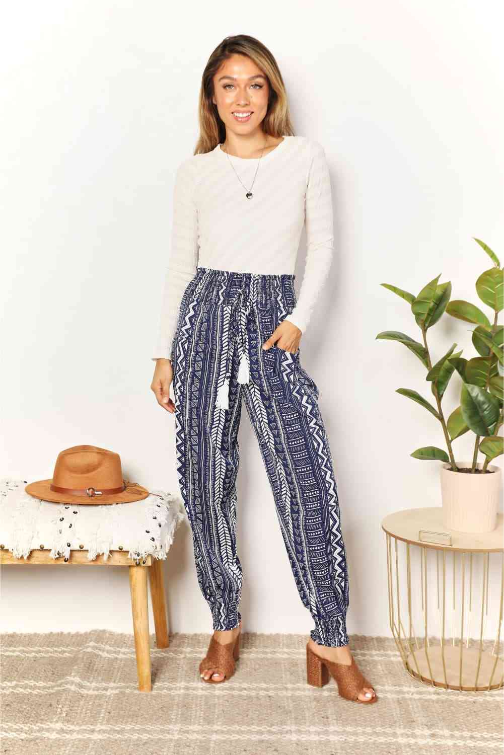 Double Take Geometric Print Tassel High-Rise Pants - TRENDMELO