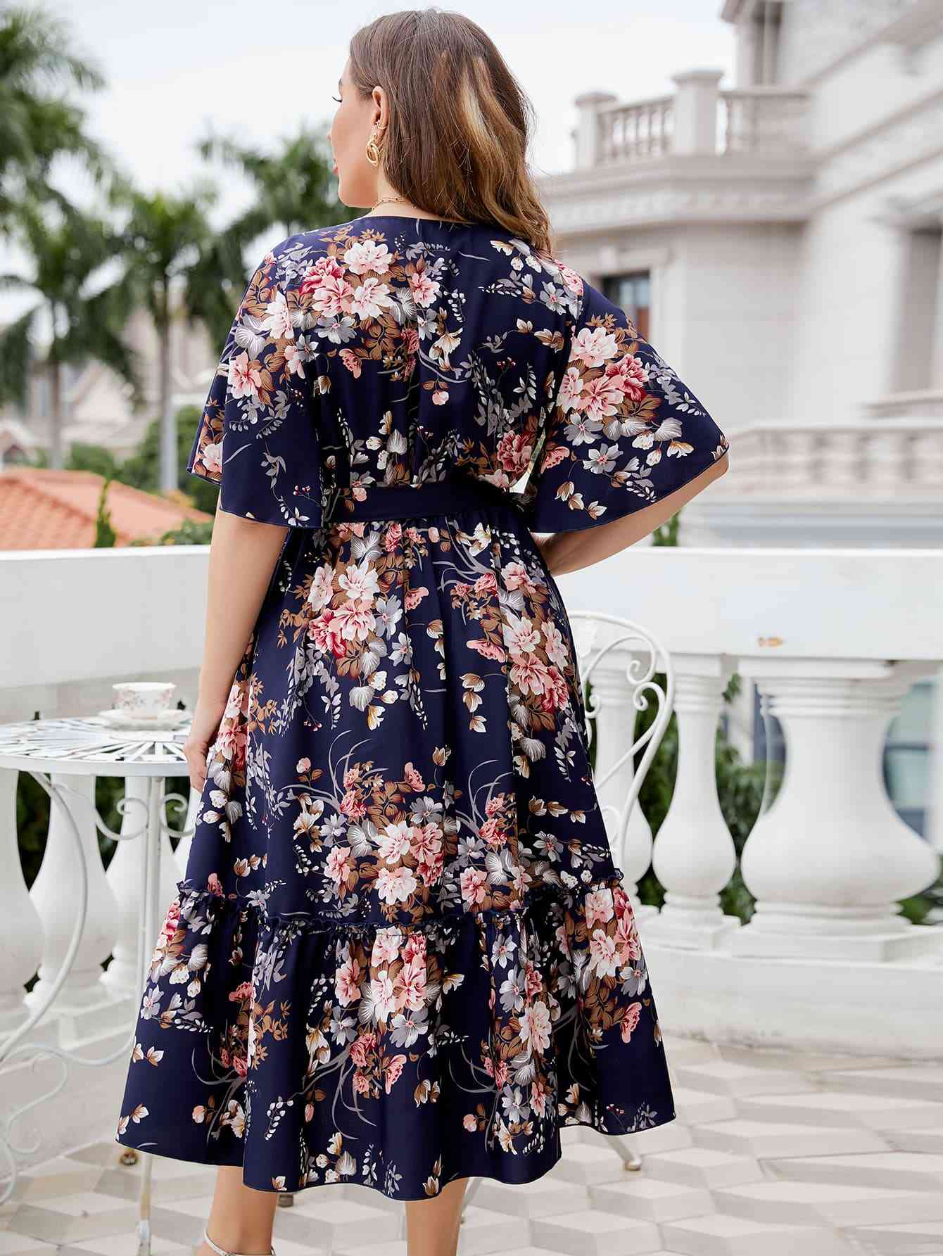 Plus Size Floral Surplice Neck Midi Dress - TRENDMELO