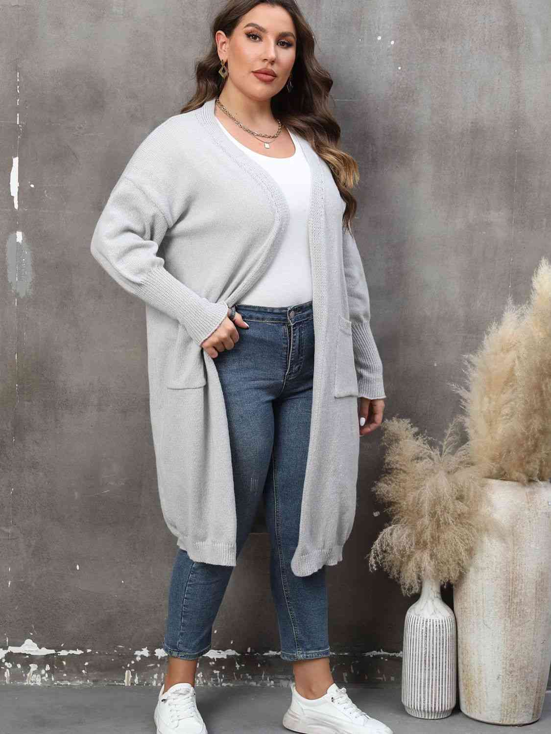 Plus Size Long Sleeve Pocketed Cardigan - TRENDMELO