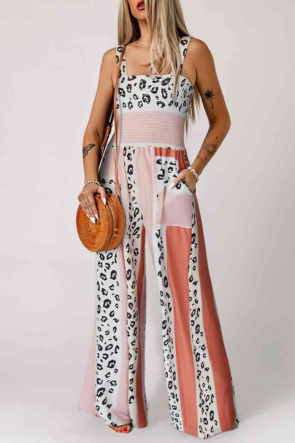 Leopard Color Block Smocked Jumpsuit - TRENDMELO