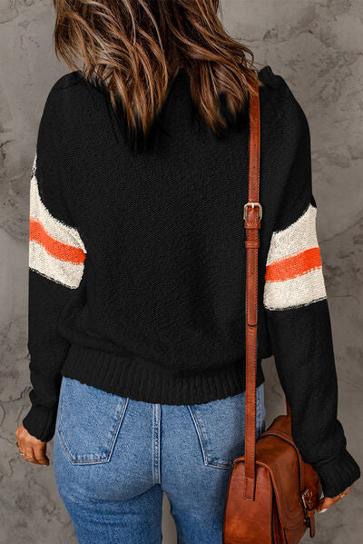 Contrast Round Neck Dropped Shoulder Sweater - TRENDMELO