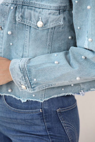 Distressed Pearl Trim Button Up Denim Jacket - TRENDMELO