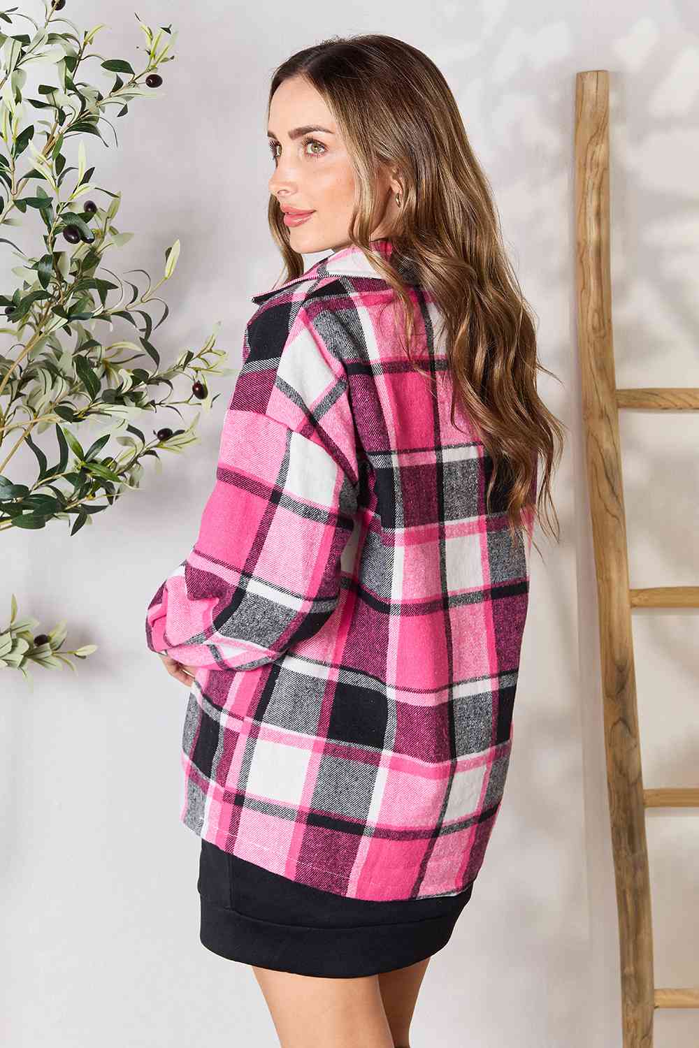 Double Take Plaid Button Up Collared Neck Jacket - TRENDMELO