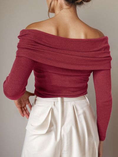 Off-Shoulder Long Sleeve Sweater - TRENDMELO