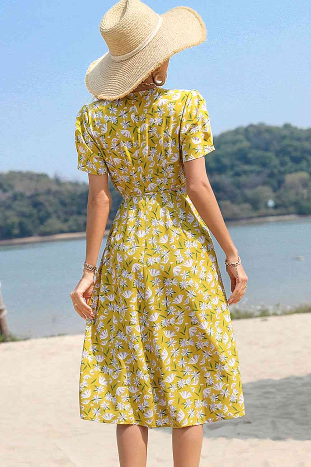 Floral Surplice Neck Short Sleeve Dress - TRENDMELO