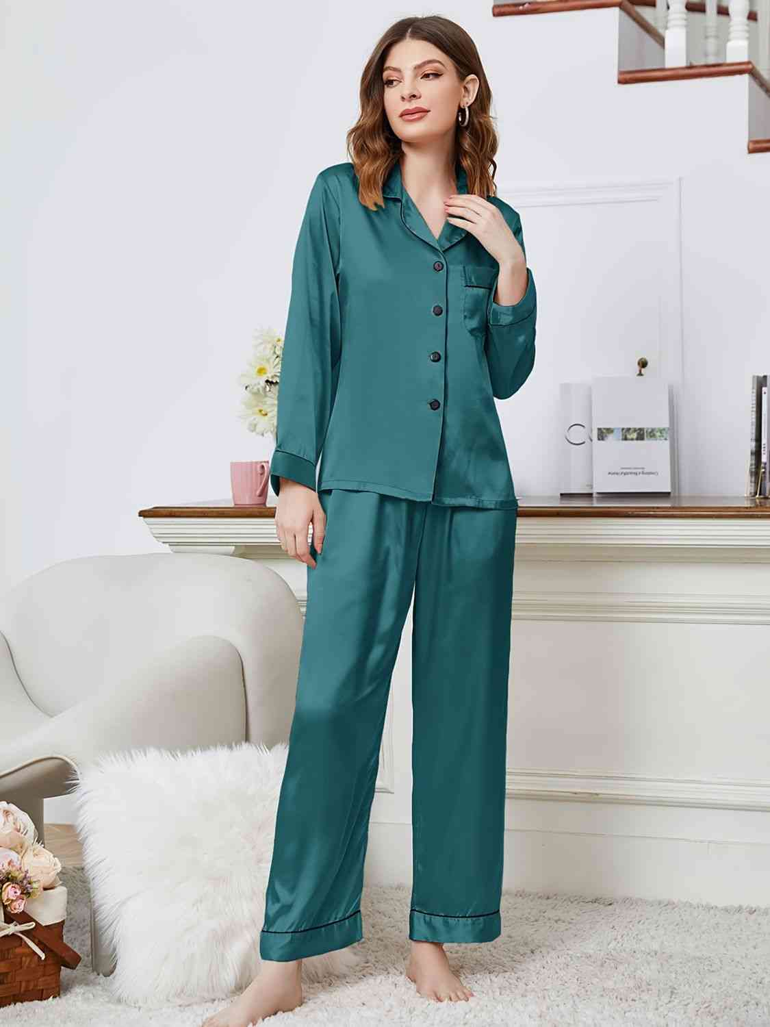 Lapel Collar Long Sleeve Top and Pants Pajama Set - TRENDMELO