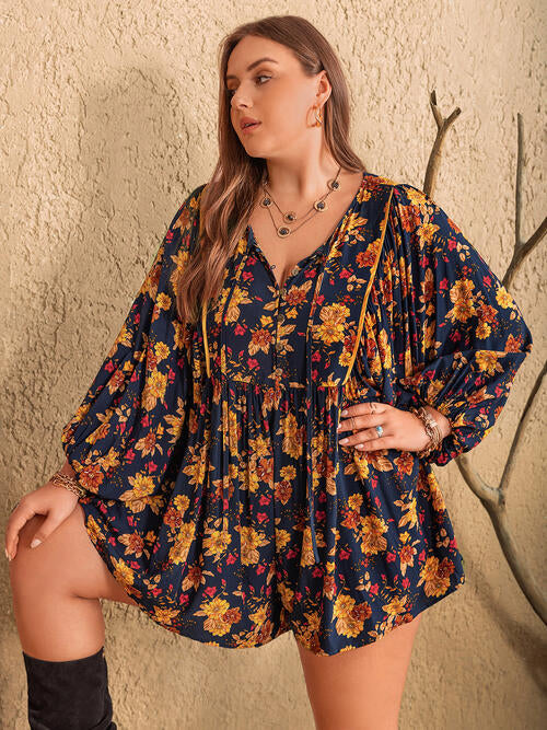 Plus Size Floral Tie Neck Balloon Sleeve Romper - TRENDMELO