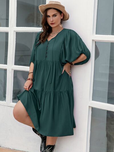 Plus Size Tie Neck Balloon Sleeve Midi Dress - TRENDMELO