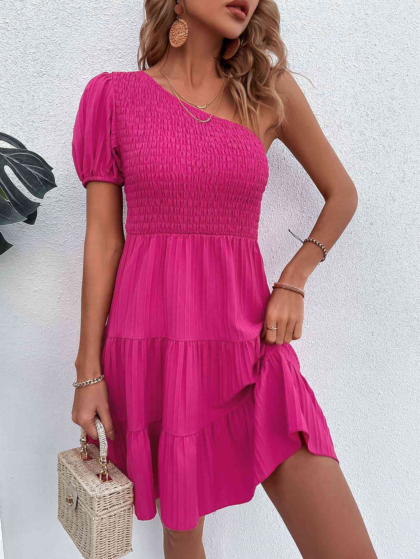 One-Shoulder Smocked Tiered Dress - TRENDMELO