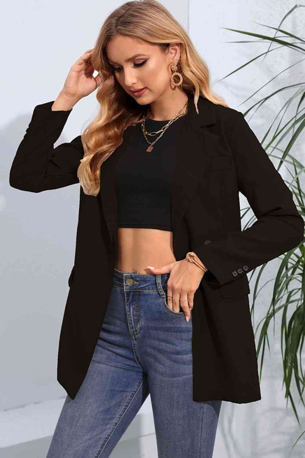 Lapel Neck Long Sleeve Blazer with Pockets - TRENDMELO