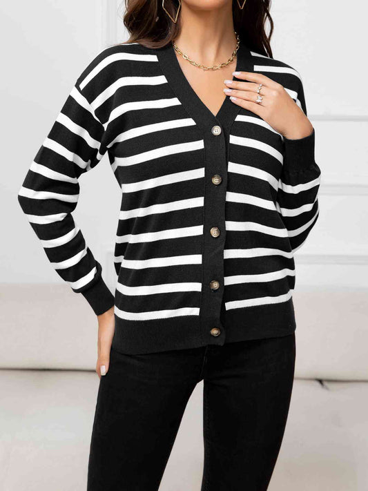 Striped Dropped Shoulder V-Neck Knit Top - TRENDMELO