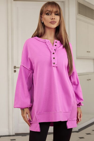 Buttoned Dropped Shoulder Sweatshirt - TRENDMELO