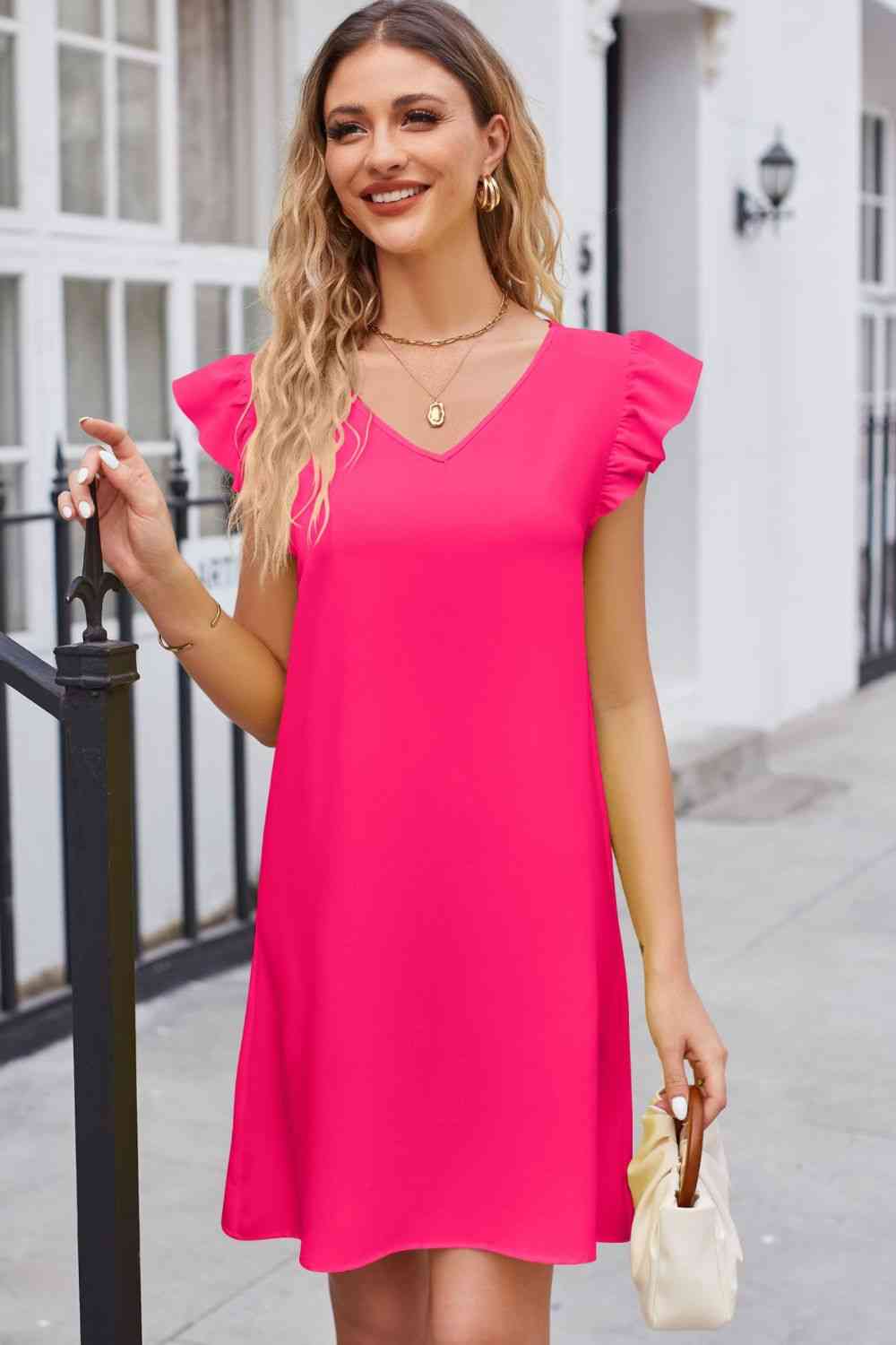 Ruffled V-Neck Flutter Sleeve Dress - TRENDMELO