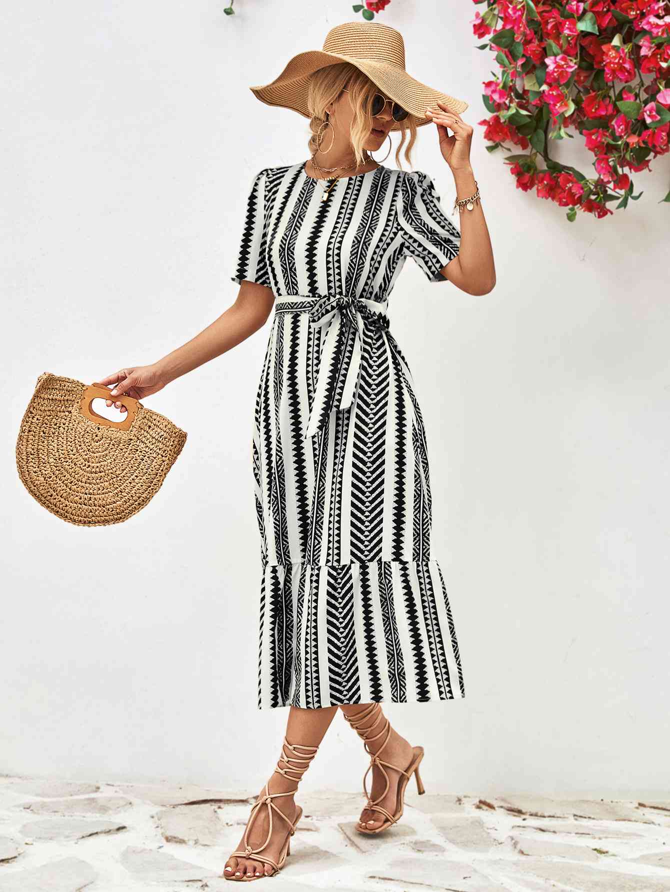 Striped Tie Belt Round Neck Puff Sleeve Dress - TRENDMELO