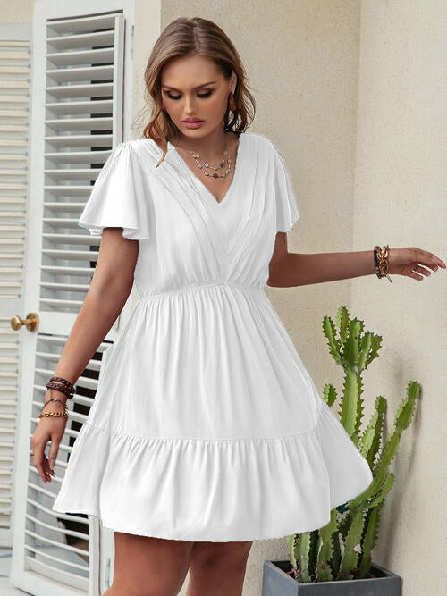 Double Take Plus Size Ruffle Hem V-Neck Short Sleeve Dress - TRENDMELO