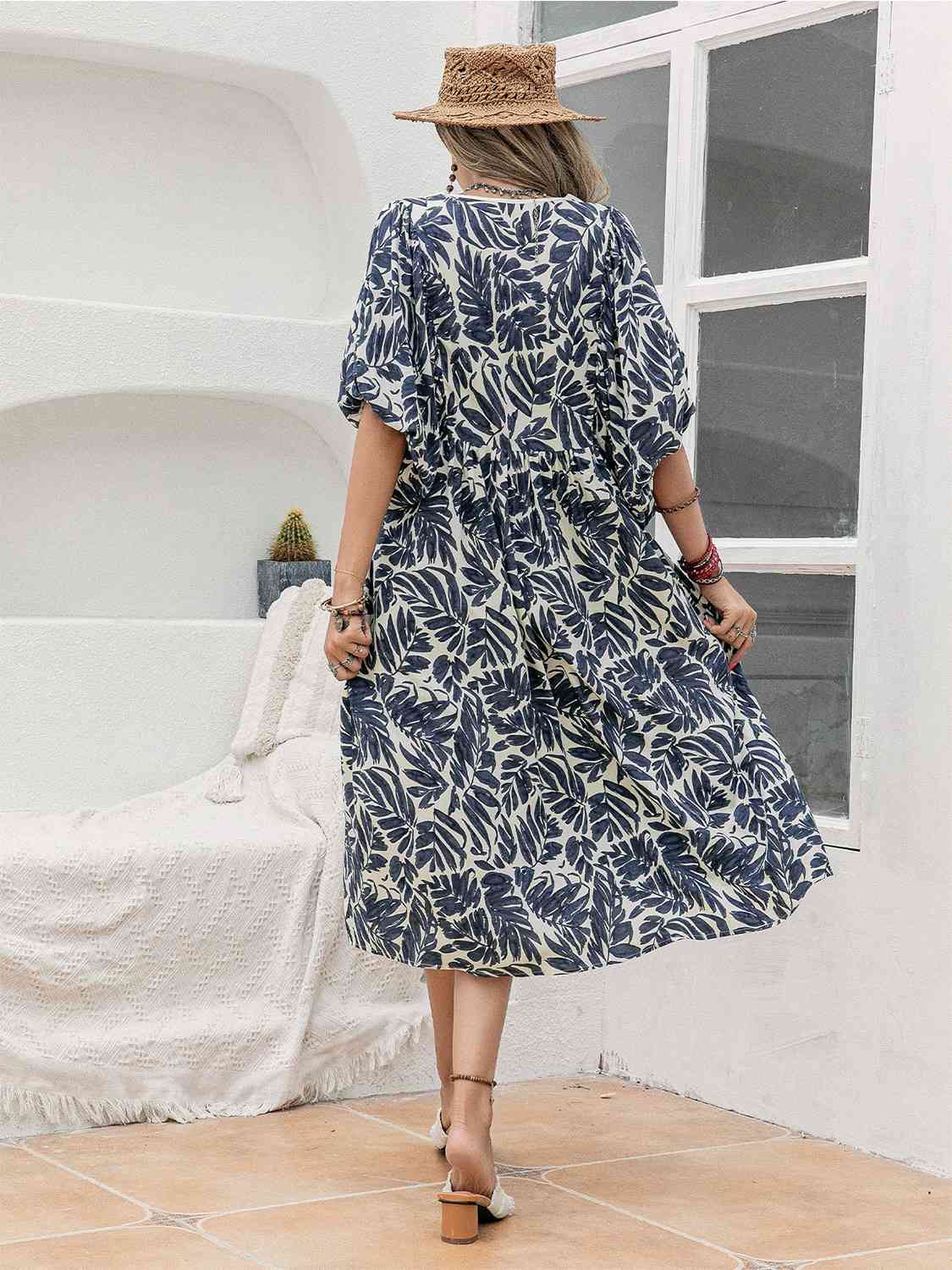 Printed Tie Neck Midi Dress - TRENDMELO