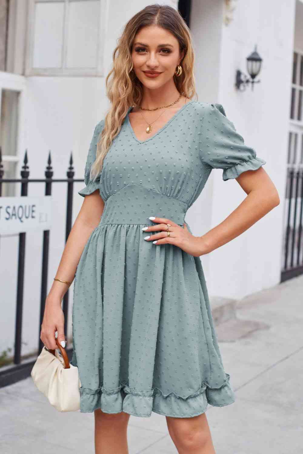 Swiss Dot Frill Trim Flounce Sleeve V-Neck Dress - TRENDMELO