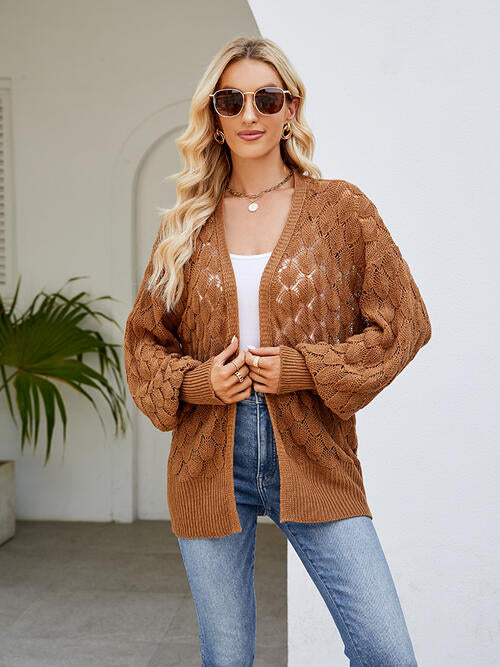 Openwork Open Front Lantern Sleeve Cardigan - TRENDMELO