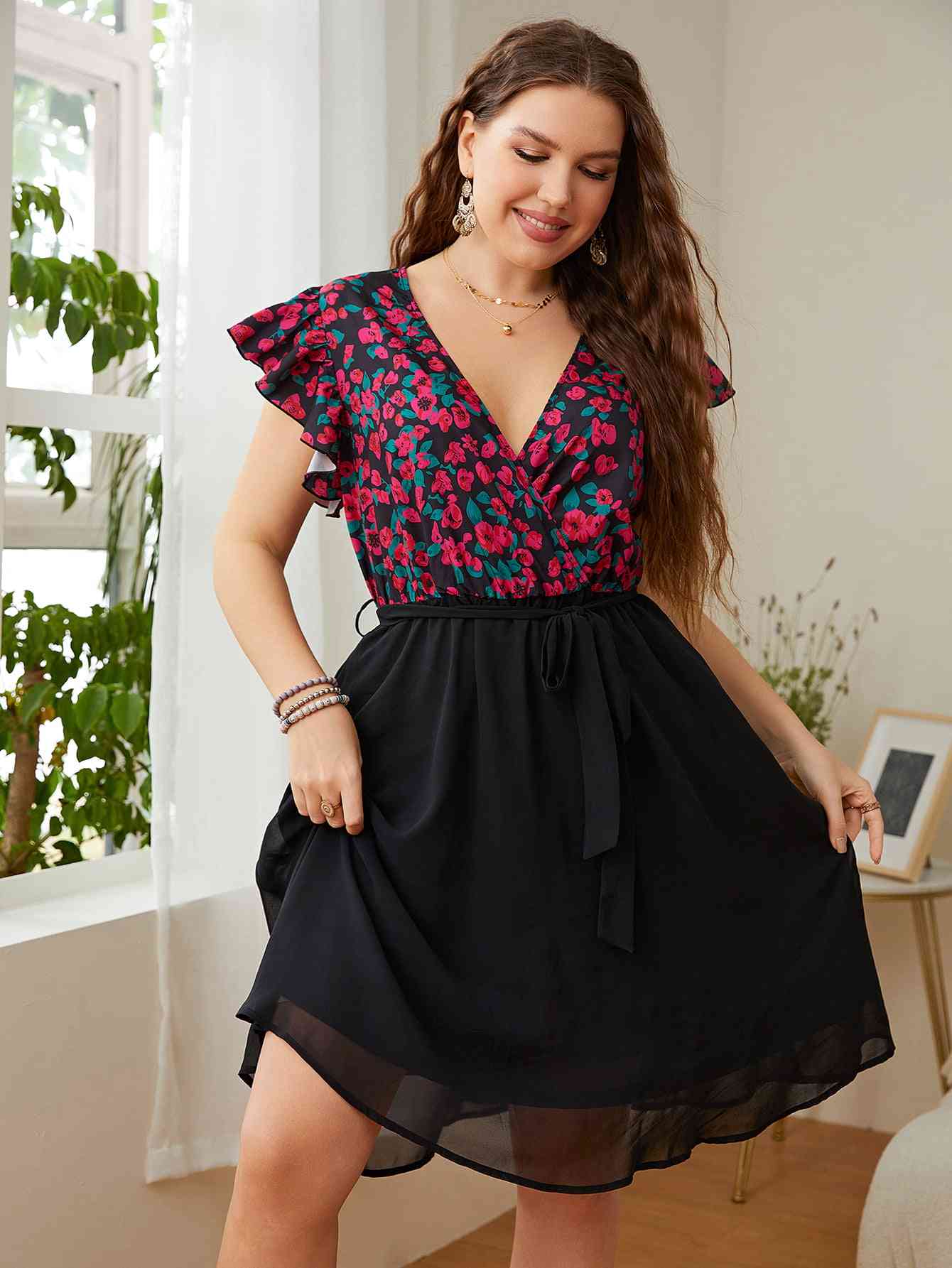 Plus Size Floral Surplice Neck Flutter Sleeve Dress - TRENDMELO