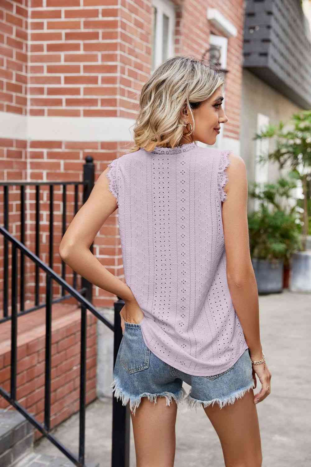 Eyelet Lace Trim Eyelash V-Neck Tank - TRENDMELO