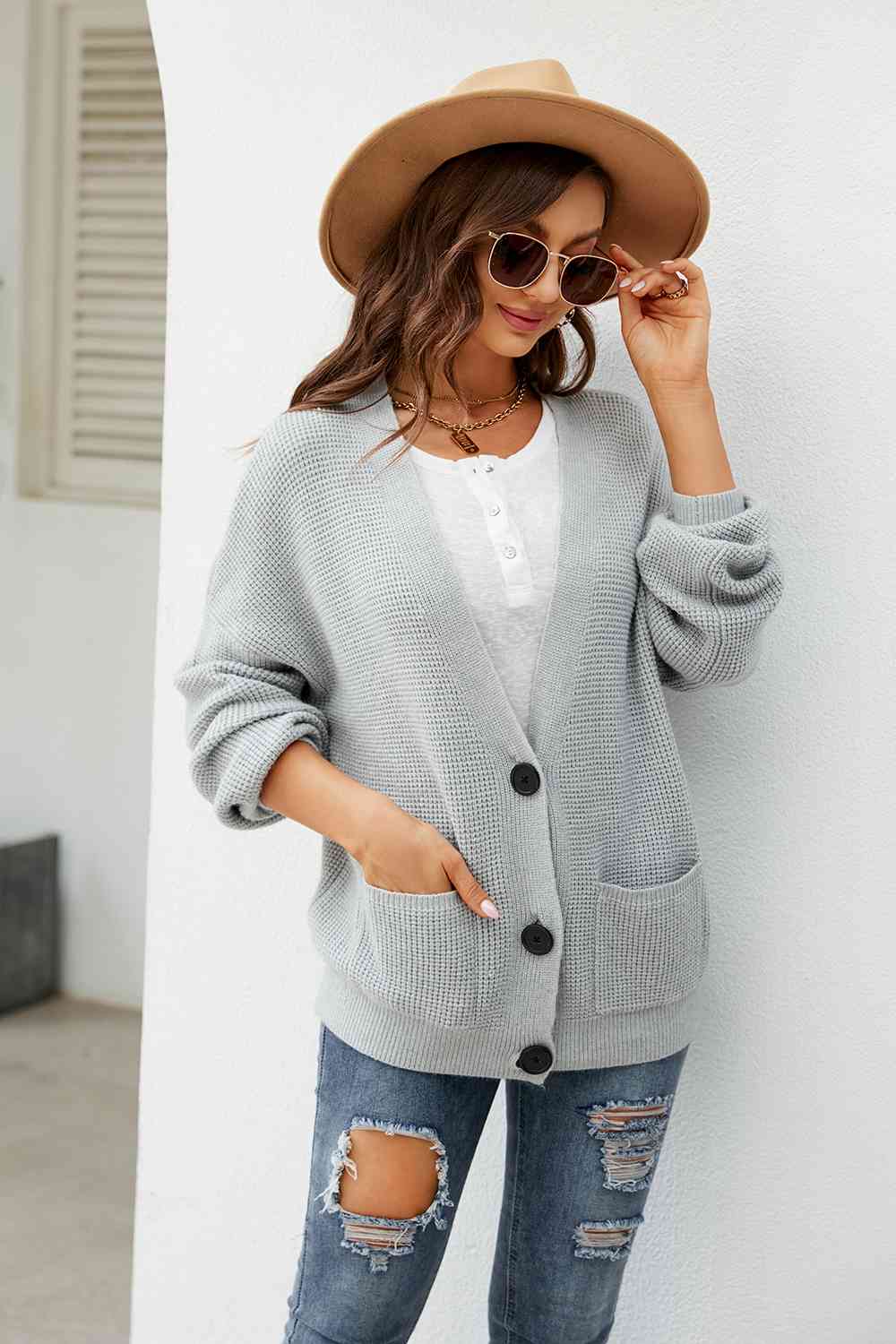 Button Up Drop Shoulder Long Sleeve Cardigan - TRENDMELO