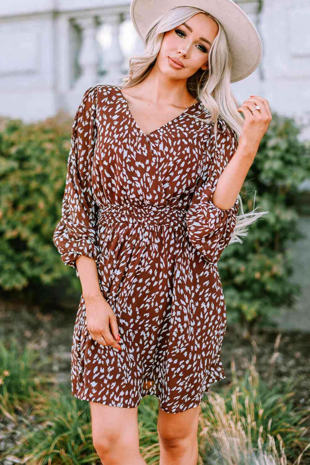 Printed Balloon Sleeve V-Neck Dress - TRENDMELO