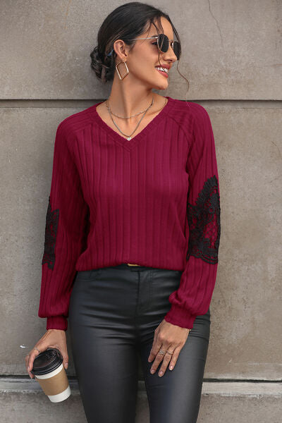 Ribbed Lace Detail V-Neck Sweater - TRENDMELO