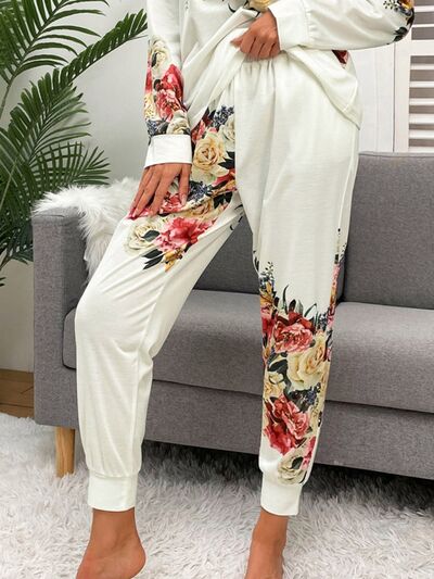 Printed Round Neck Top and Drawstring Pants Lounge Set - TRENDMELO