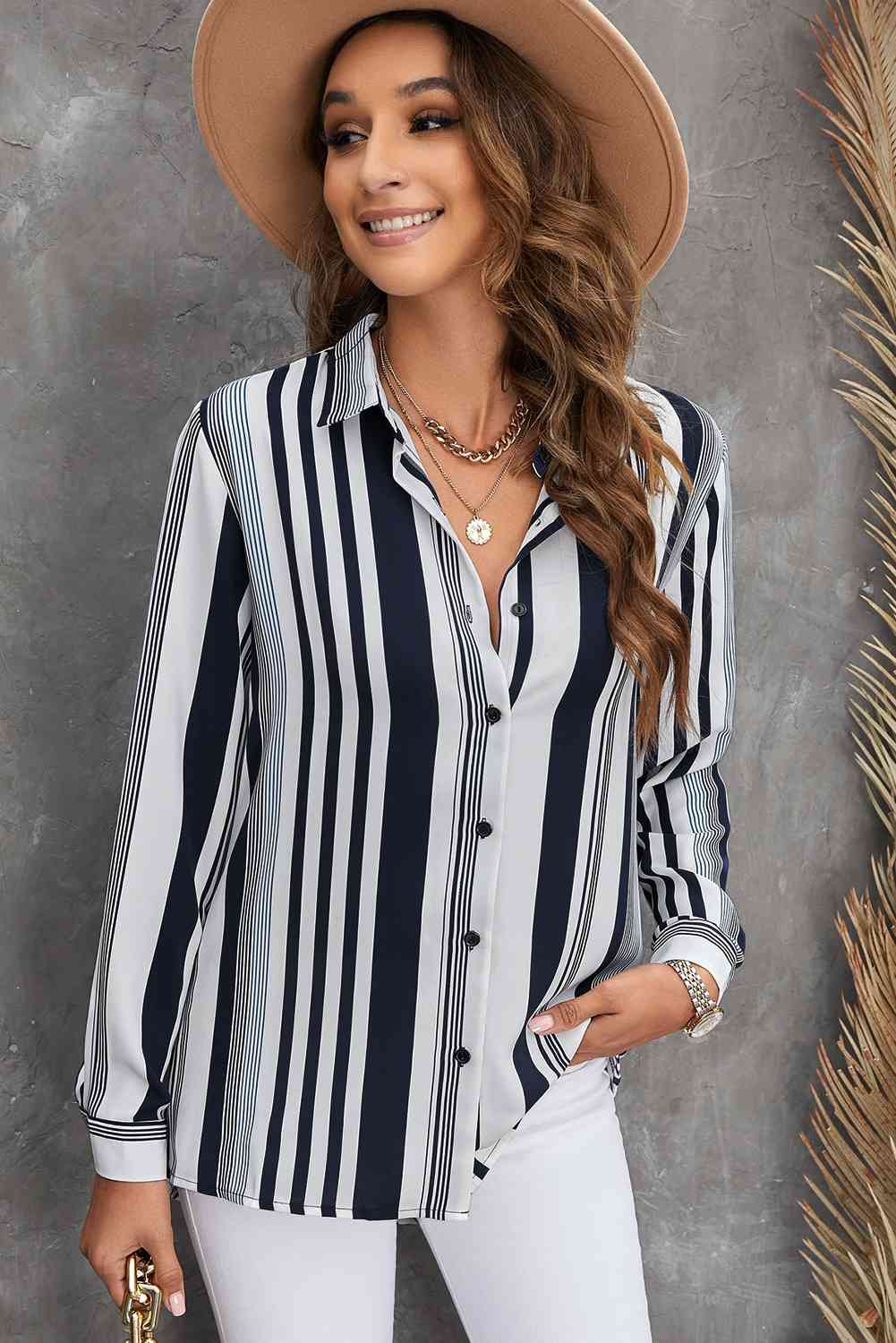 Striped Button-Down Long Sleeve Shirt - TRENDMELO