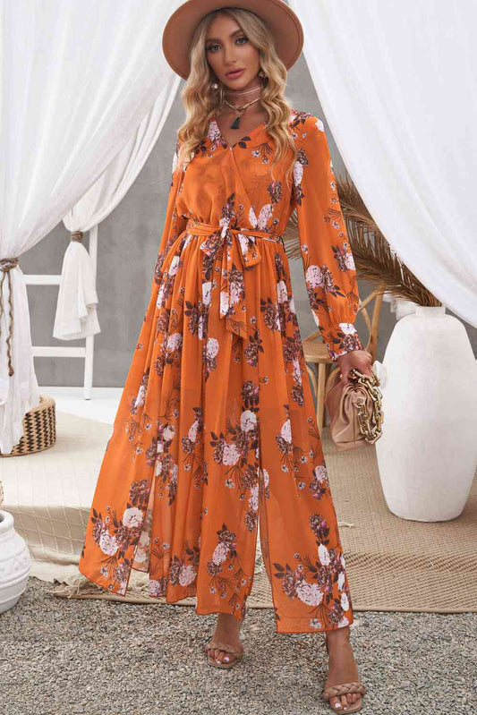 Floral Tie Waist Slit Maxi Dress - TRENDMELO
