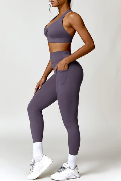 Ruched Halter Neck Bra and Pocketed Leggings Active Set - TRENDMELO