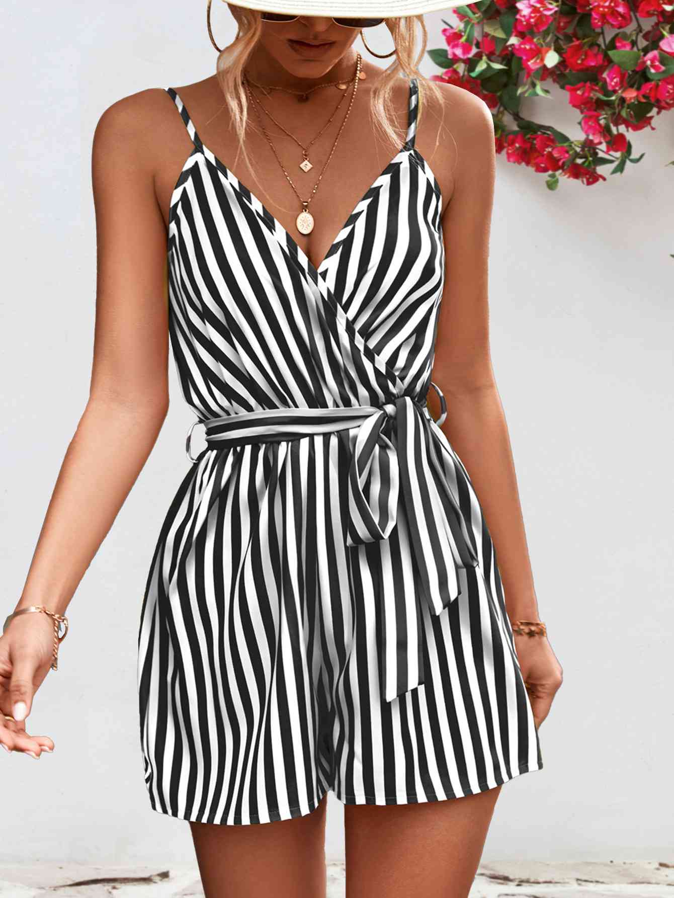 Striped Tie Waist Spaghetti Strap Romper - TRENDMELO