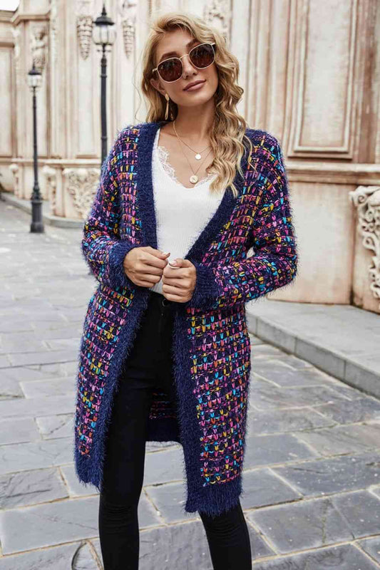 Multicolored Ribbed Trim Open Front Cardigan with Pockets - TRENDMELO