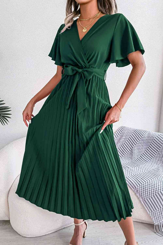 Pleated Flutter Sleeve Belted Dress - TRENDMELO